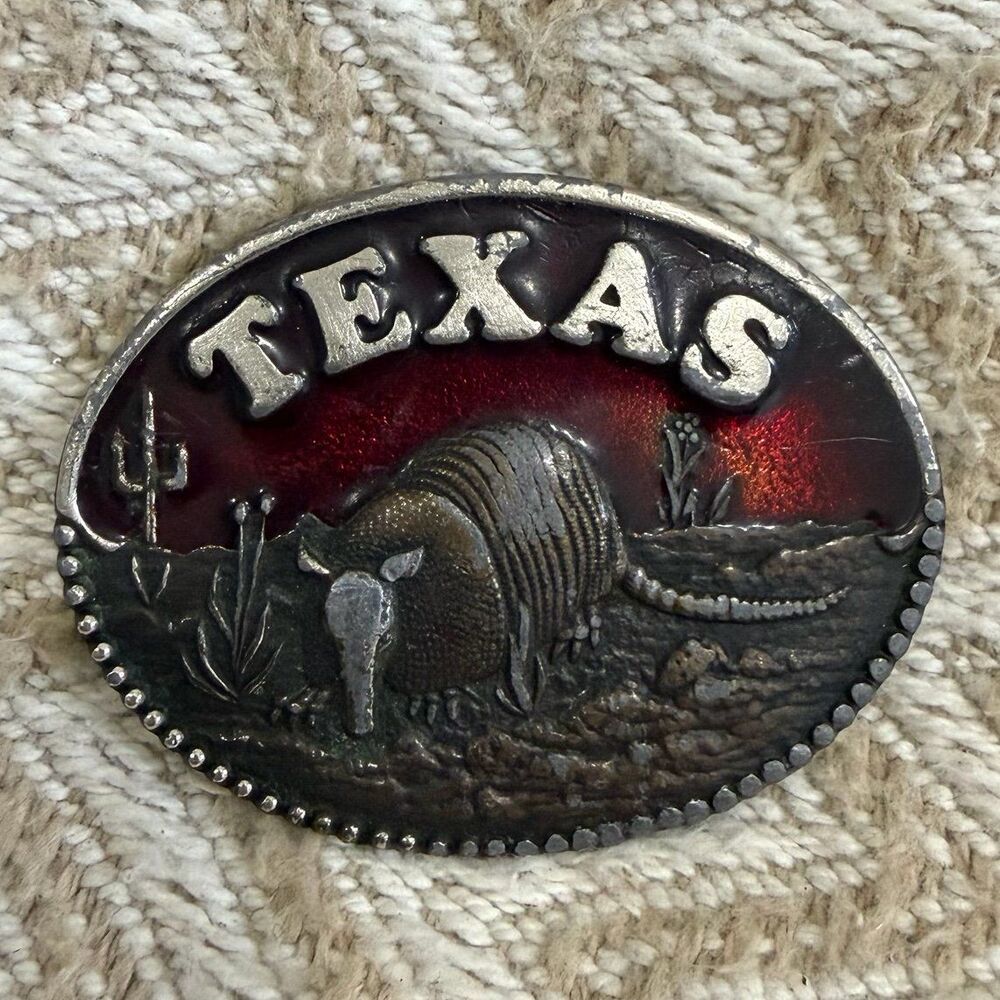 Vintage Koleaco Texas Armadillo Red Enamel Belt Buckle Western Cowboy Rodeo USA